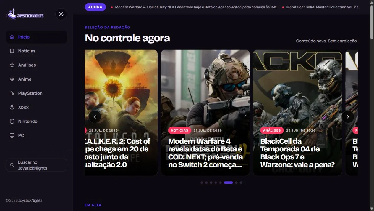 JoysticKnights — captura do site público em setembro de 2026